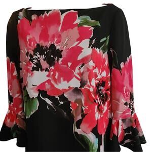 Tahari Arthur Levine Size 4 Black Large Floral Shift Dress